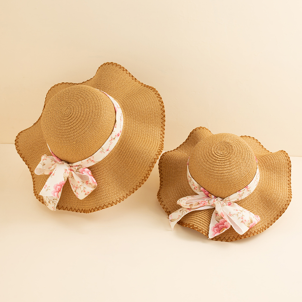 

Floral Bowknot Decor Khaki Beach Straw Hats for Mommy and Me