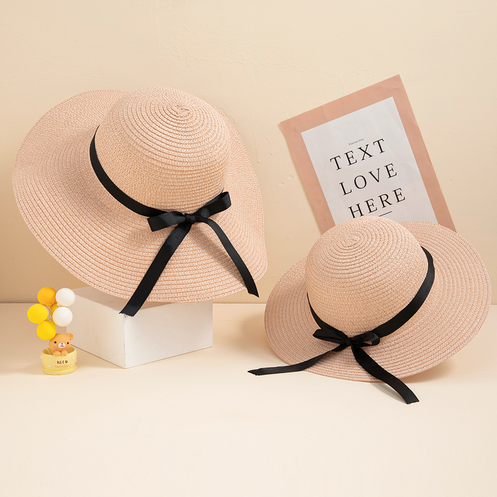 

Black Bowknot Decor Beach Straw Hats for Mommy and Me