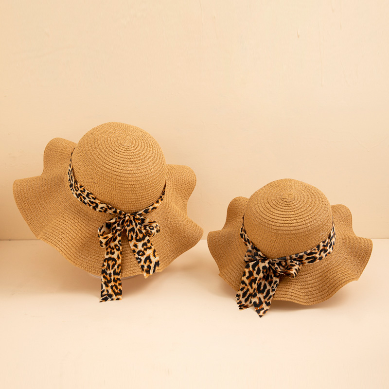 

Leopard Bowknot Decor Khaki Beach Straw Hats for Mommy and Me