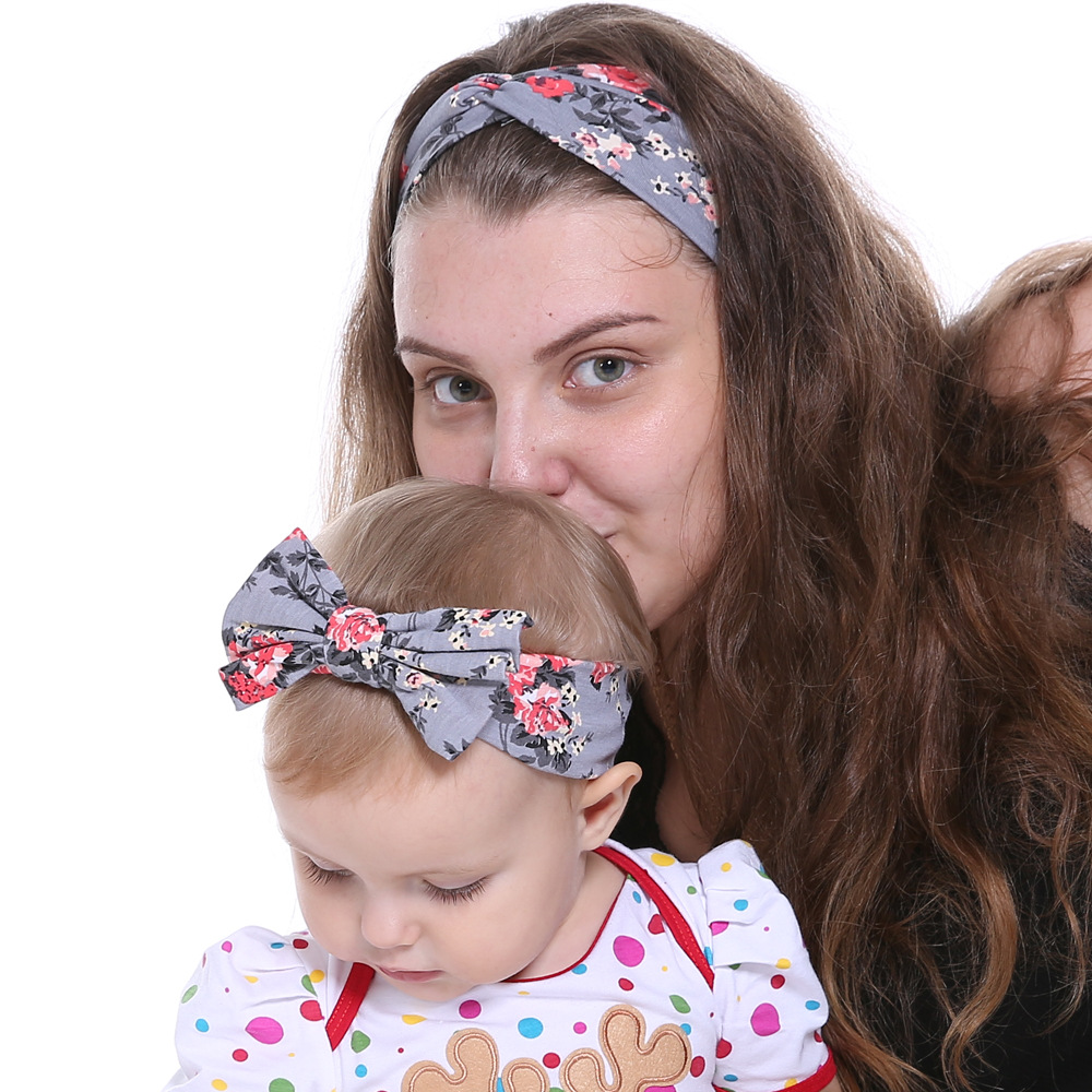 

Floral Print Grey Bow Headband for Mom and Me