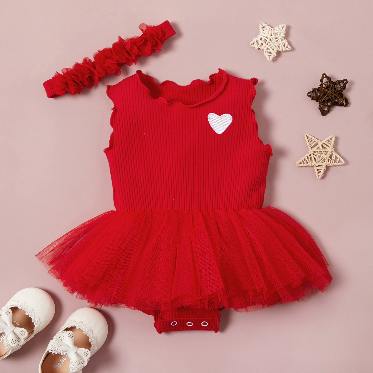 

Heart Print Mesh Sleeveless Party Dress with Headband