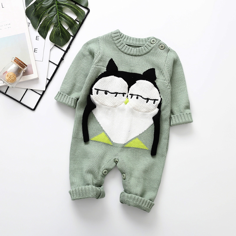 

Baby Knitted Design Owl Embroidery Long-sleeve Jumpsuit