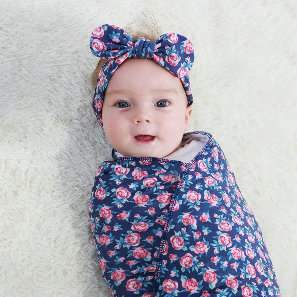 

Rose Flower Print Baby Blanket Swaddle Headband Set