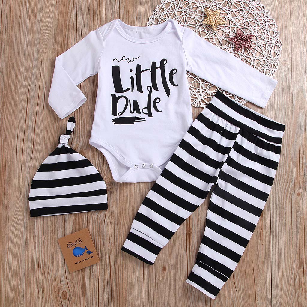 

3-piece Baby / Toddler LITTLE DUDE Print Bodysuit and Striped Pants with Hat Set