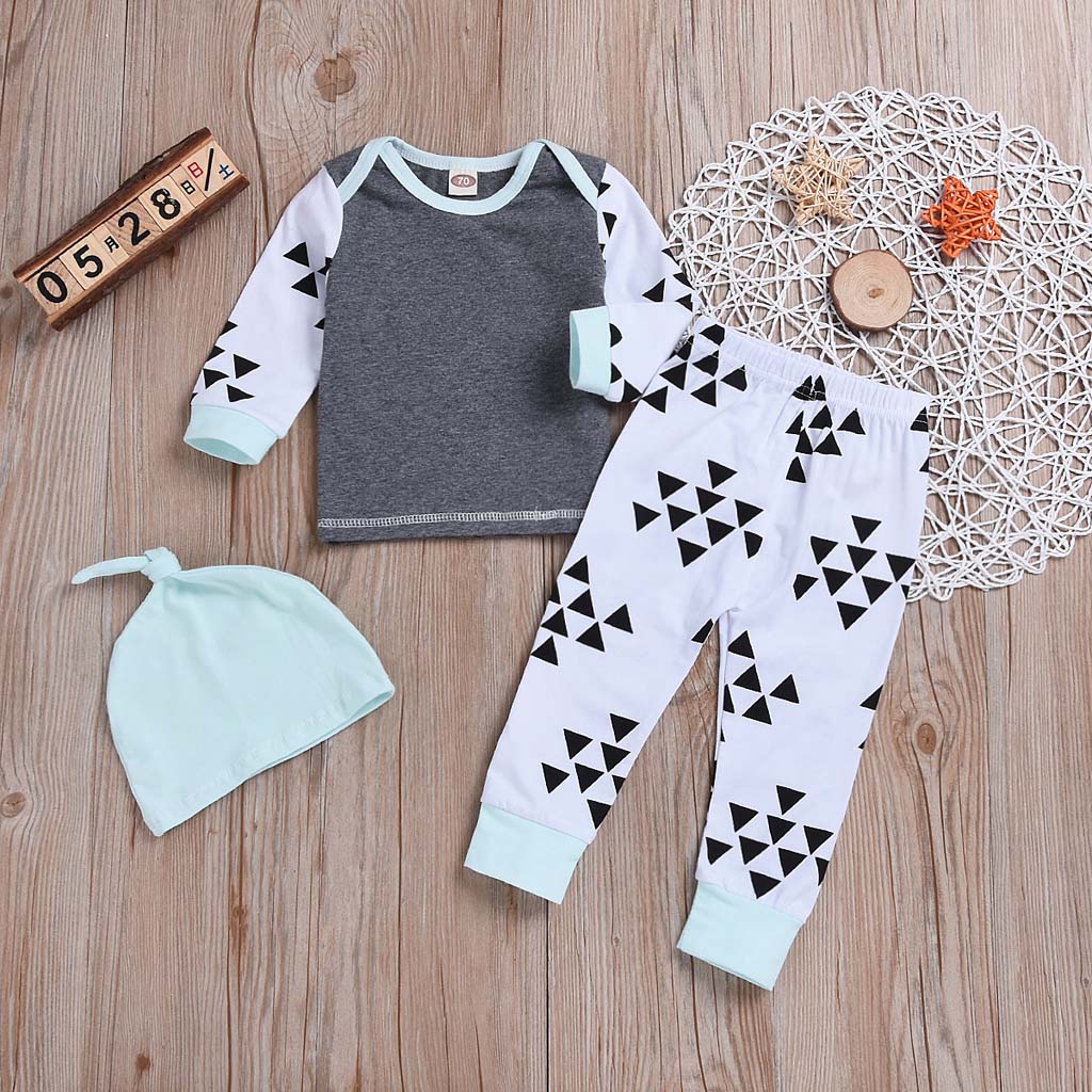 

3-piece Baby / Toddler Stylish Triangle Print Long-sleeve Top and Pants with Hat Set