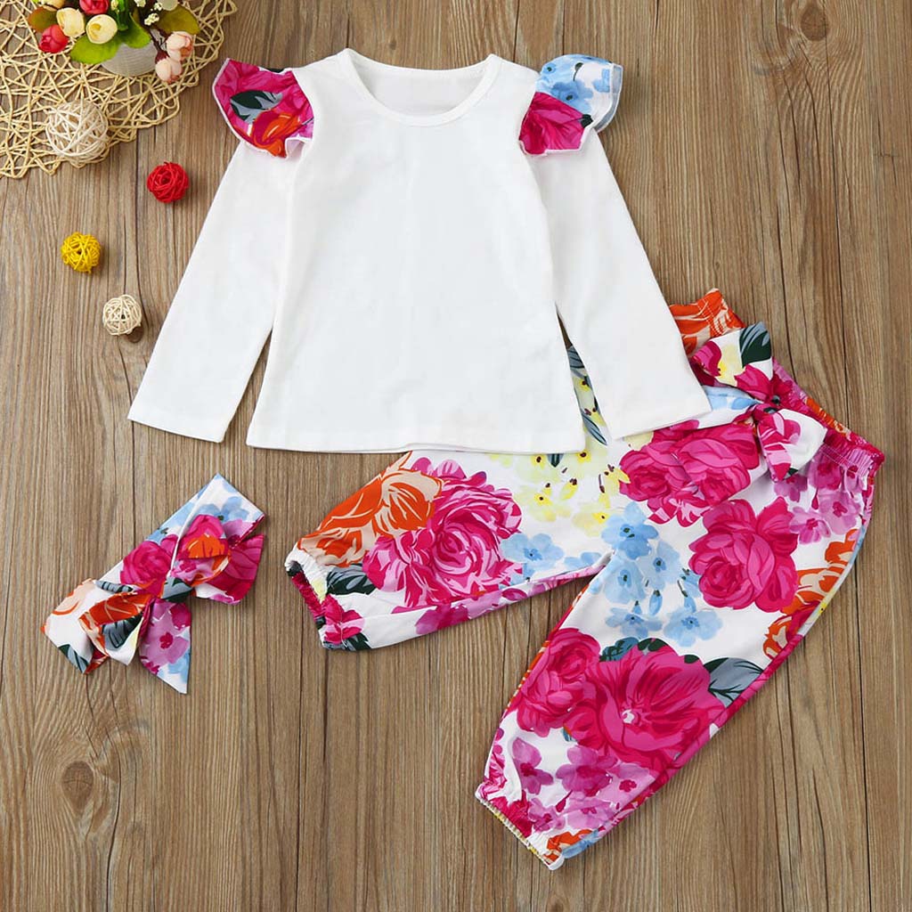 

3-piece Baby Flutter Sleeves Solid Long-sleeve Top and Floral Pants with Headband Set