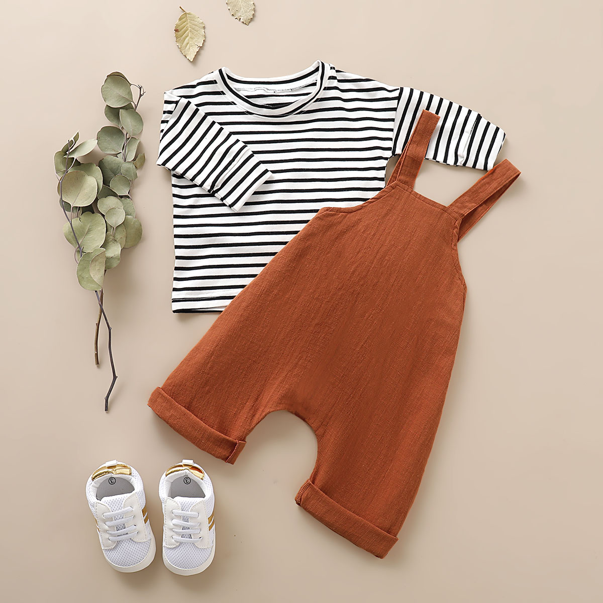

Baby / Toddler Striped Long-sleeve Tee and Solid Overalls Set