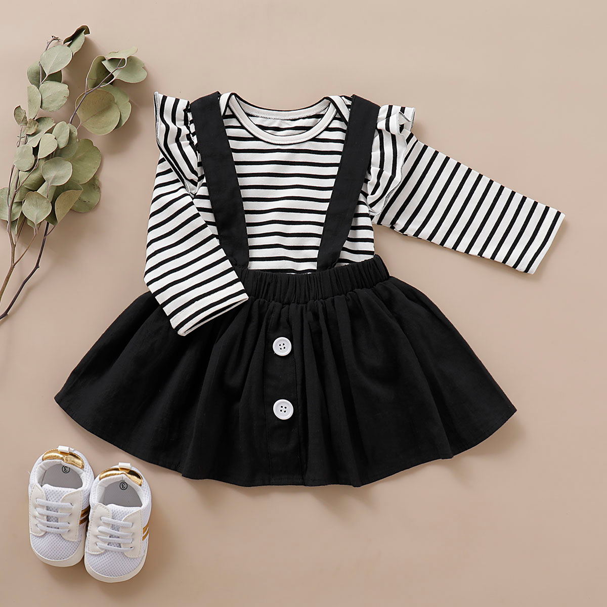 

2-piece Baby / Toddler Striped Romper and Solid Suspender Skirt Set (No Shoes)