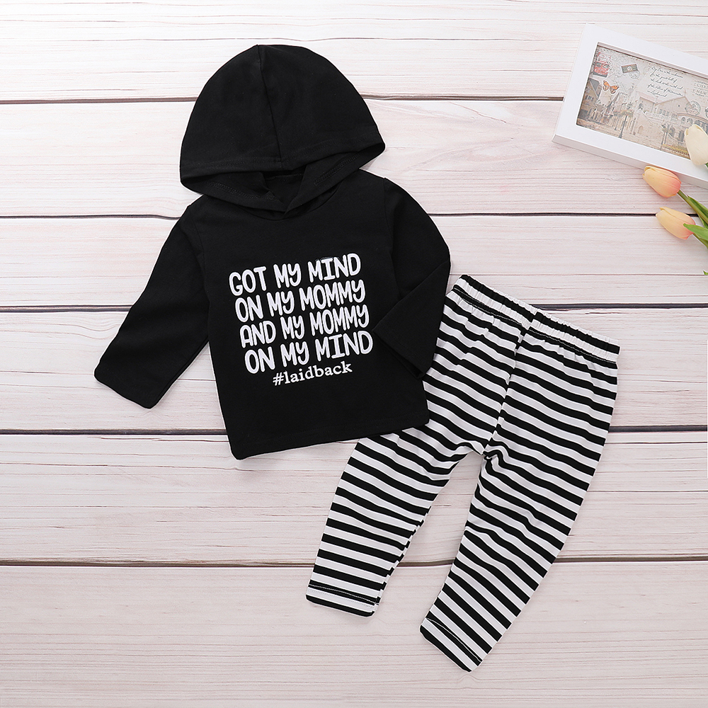 

Baby Letter Print Long-sleeve Hoodie and Striped Pants Set