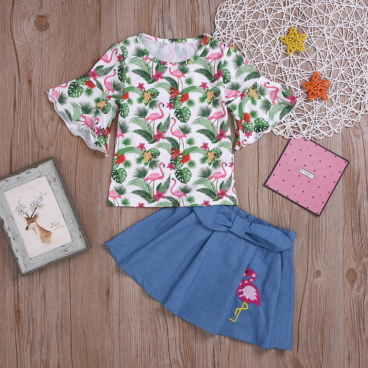 

Baby / Toddler Fashionable Flamingo Print Bell Sleeves Top and Belt Skirt Set