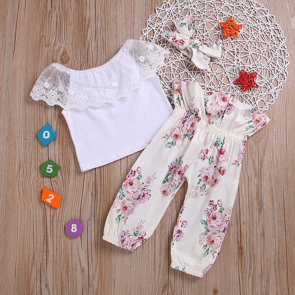 

3-piece Baby Girl Lace Collar Off Shoulder Top and Floral Pants with Headband Set