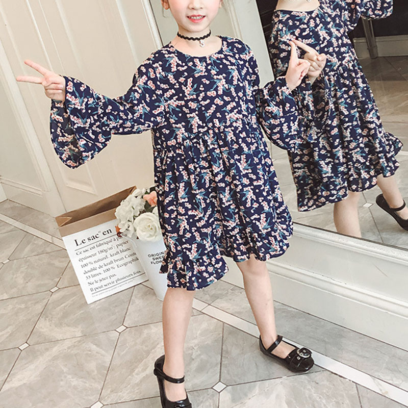 

Girl's Korean Print Floral Long-sleeve Dress