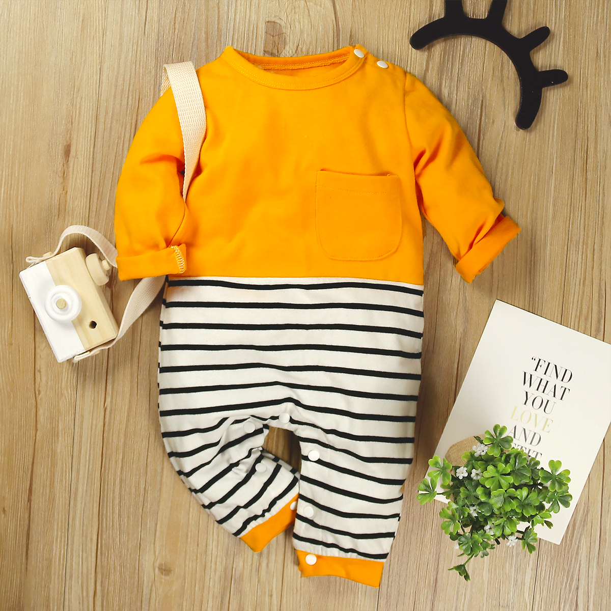 

Stripe Print Splice Long-sleeve Orange Baby Jumpsuit