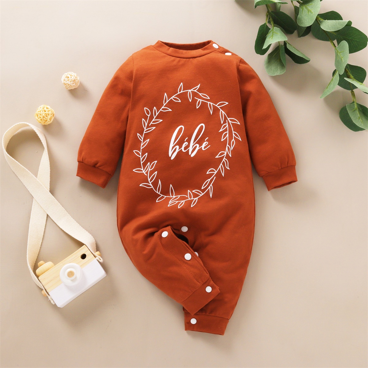 

100% Cotton Letter and Leaf Print Long-sleeve Brown Baby Jumpsuit