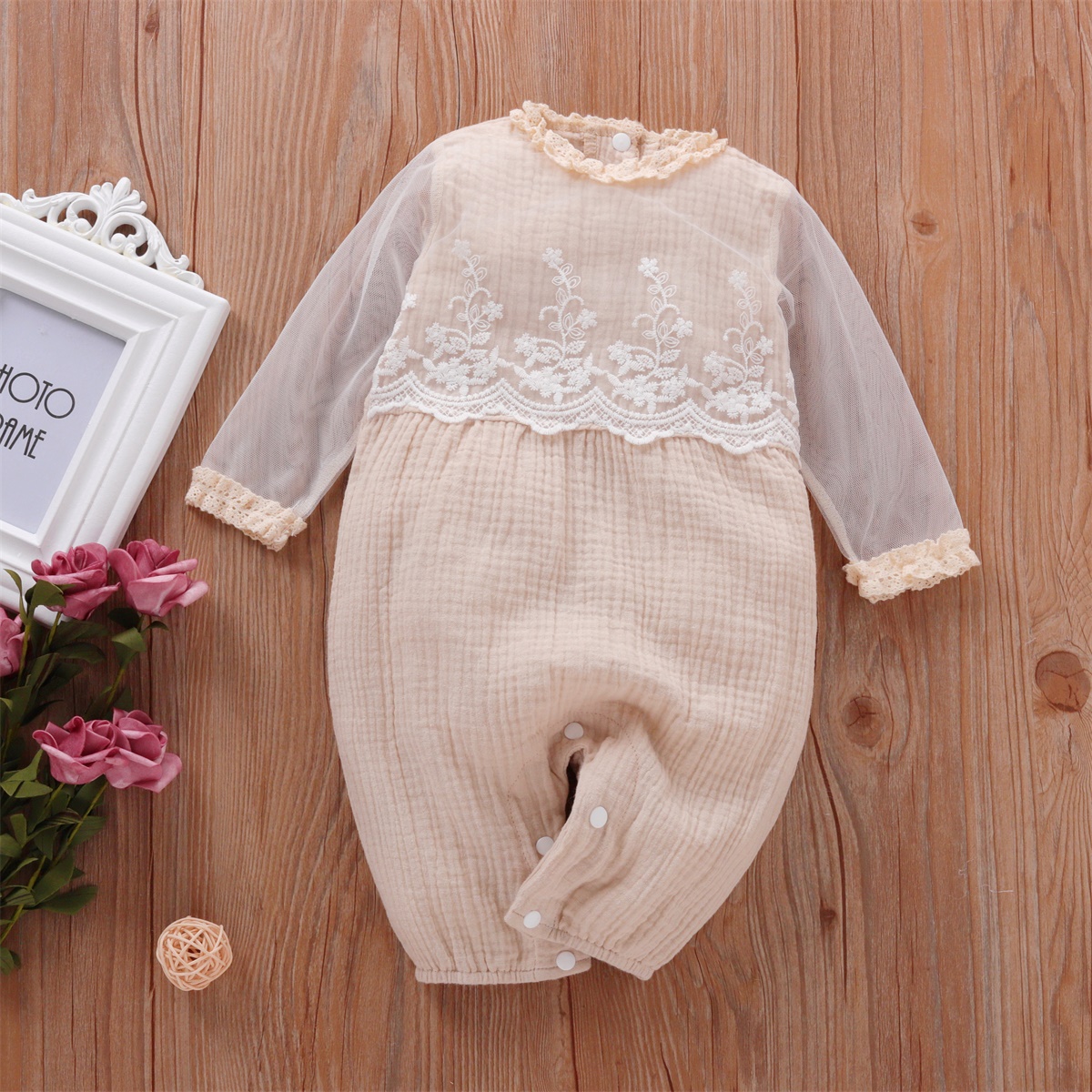 

Baby Solid Tulle Lace Decor Jumpsuit
