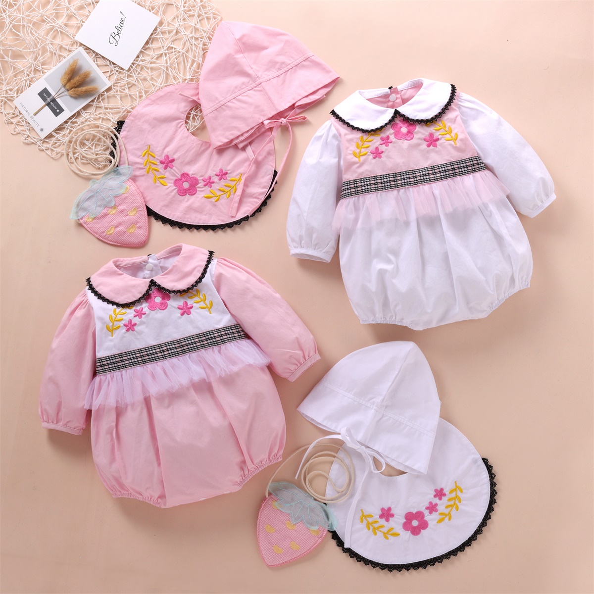 

4-piece Baby Floral Tulle Romper, Hat, Bib and Bag Set