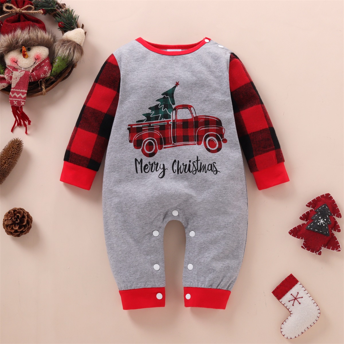 

Baby Christmas Car Plaid Jumpsuit