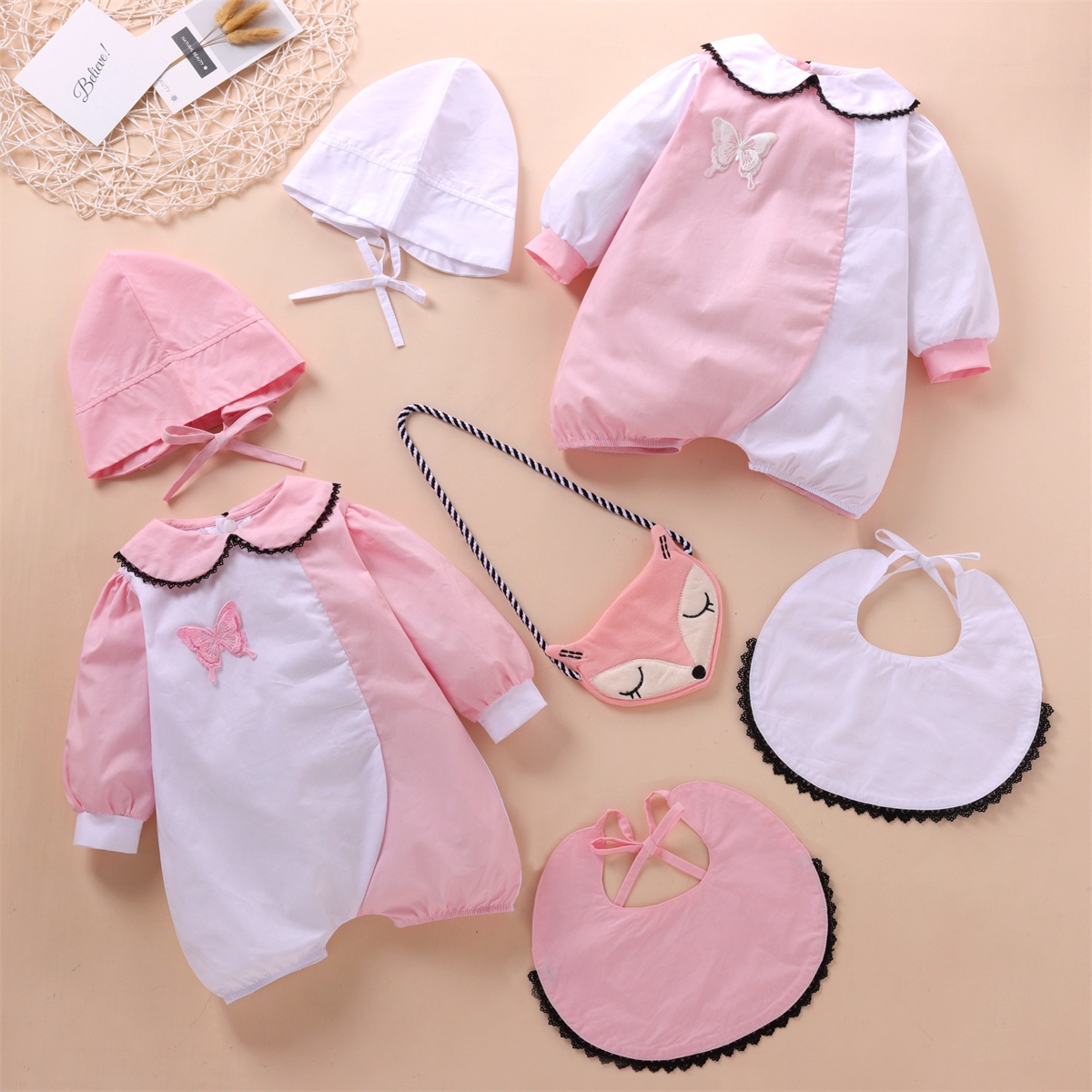 

4-Piece Baby Doll Collar Long-sleeve Romper Hat Bib Crossbody Bag Set