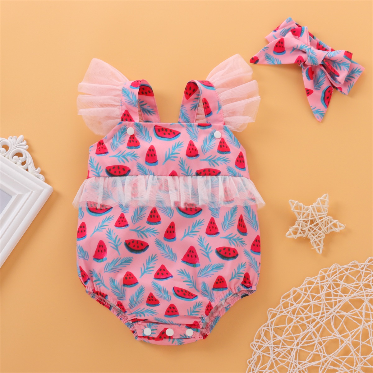 

2-piece Baby Watermelon Tulle Splice Romper and Headband Set