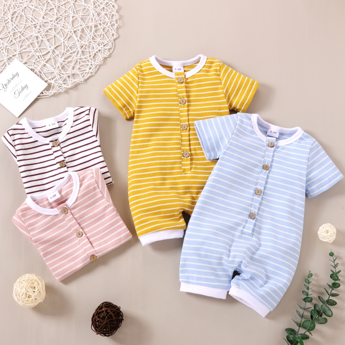 

Solid Stripe Short-sleeve Baby Romper