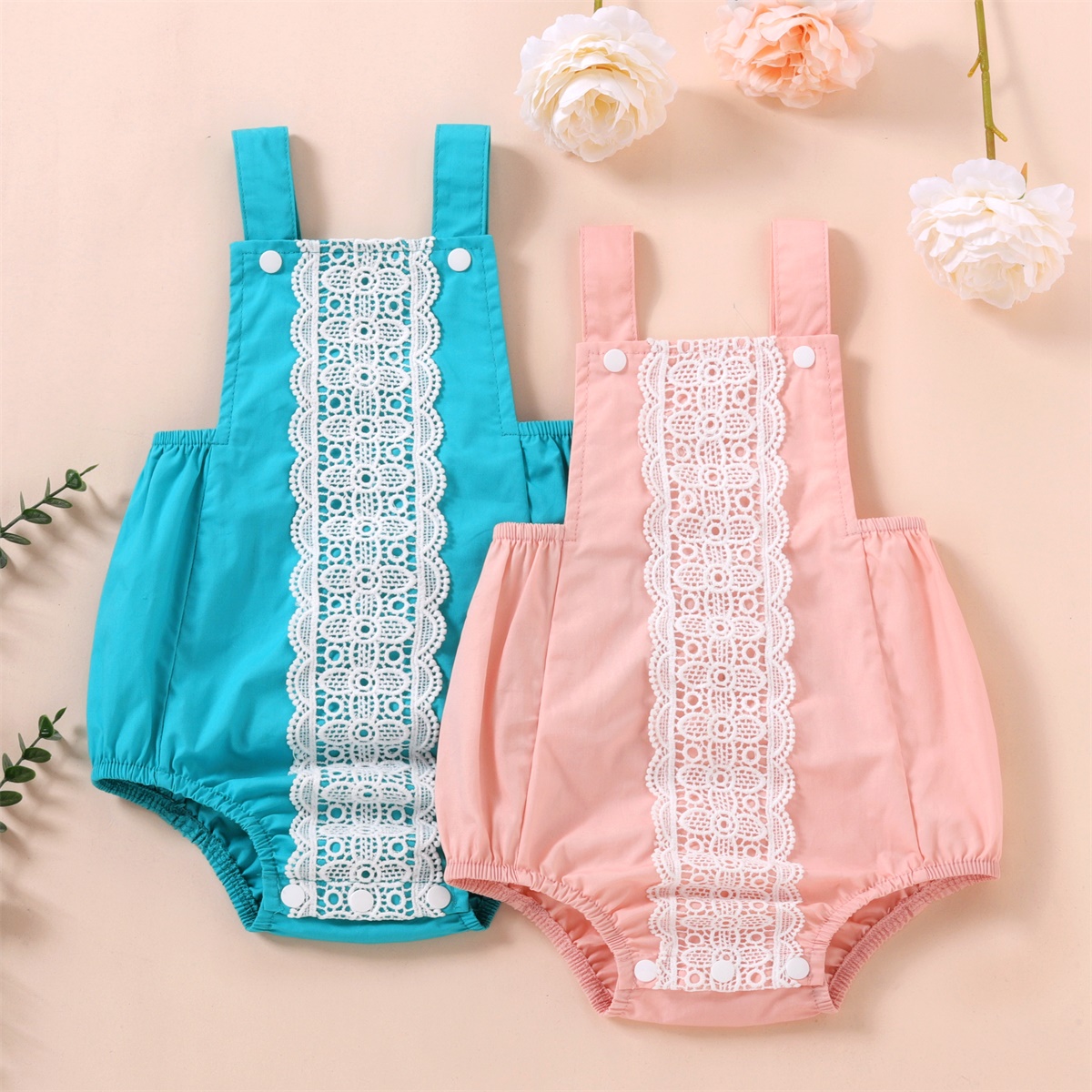 

Baby Solid Strappy Lace Romper