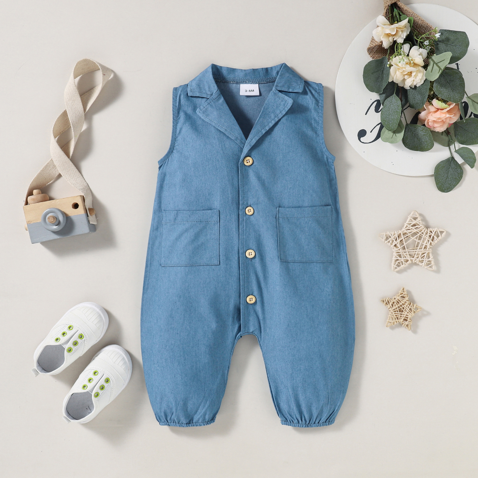 

Denim Sleeveless Lapel Collar Baby Jumpsuit