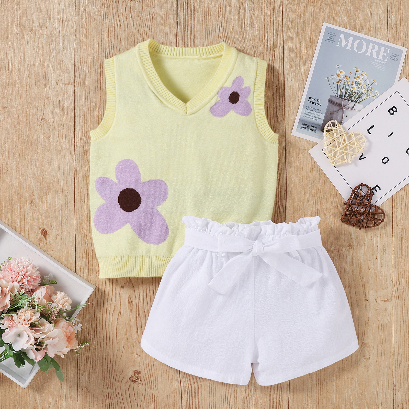 

2pcs Baby Girl Sleeveless Floral Print Ruffled Baby's Sets