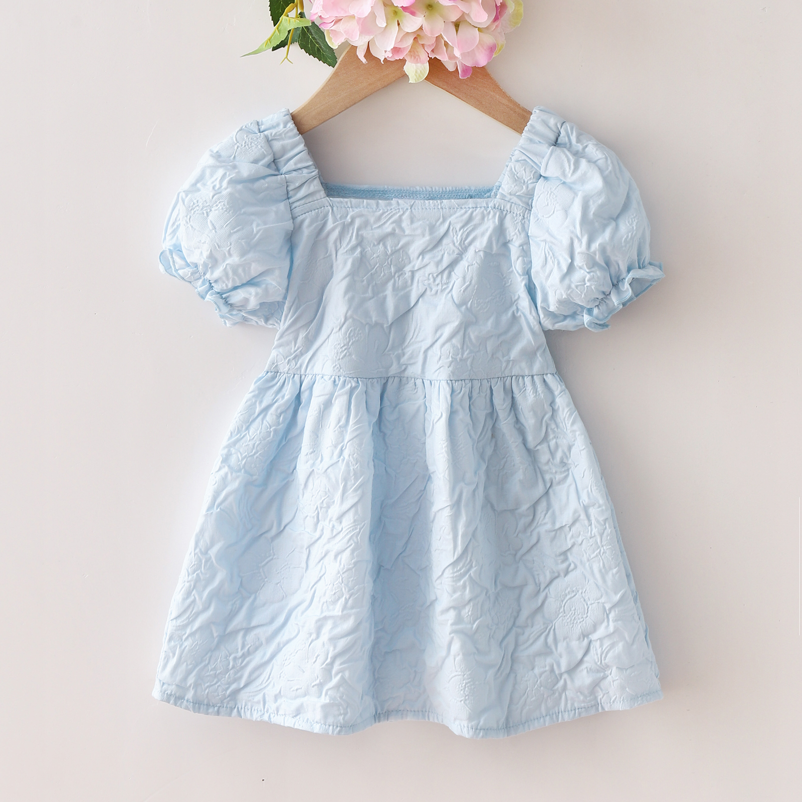 

Solid Jacquard Puff-sleeve Blue Baby Dress