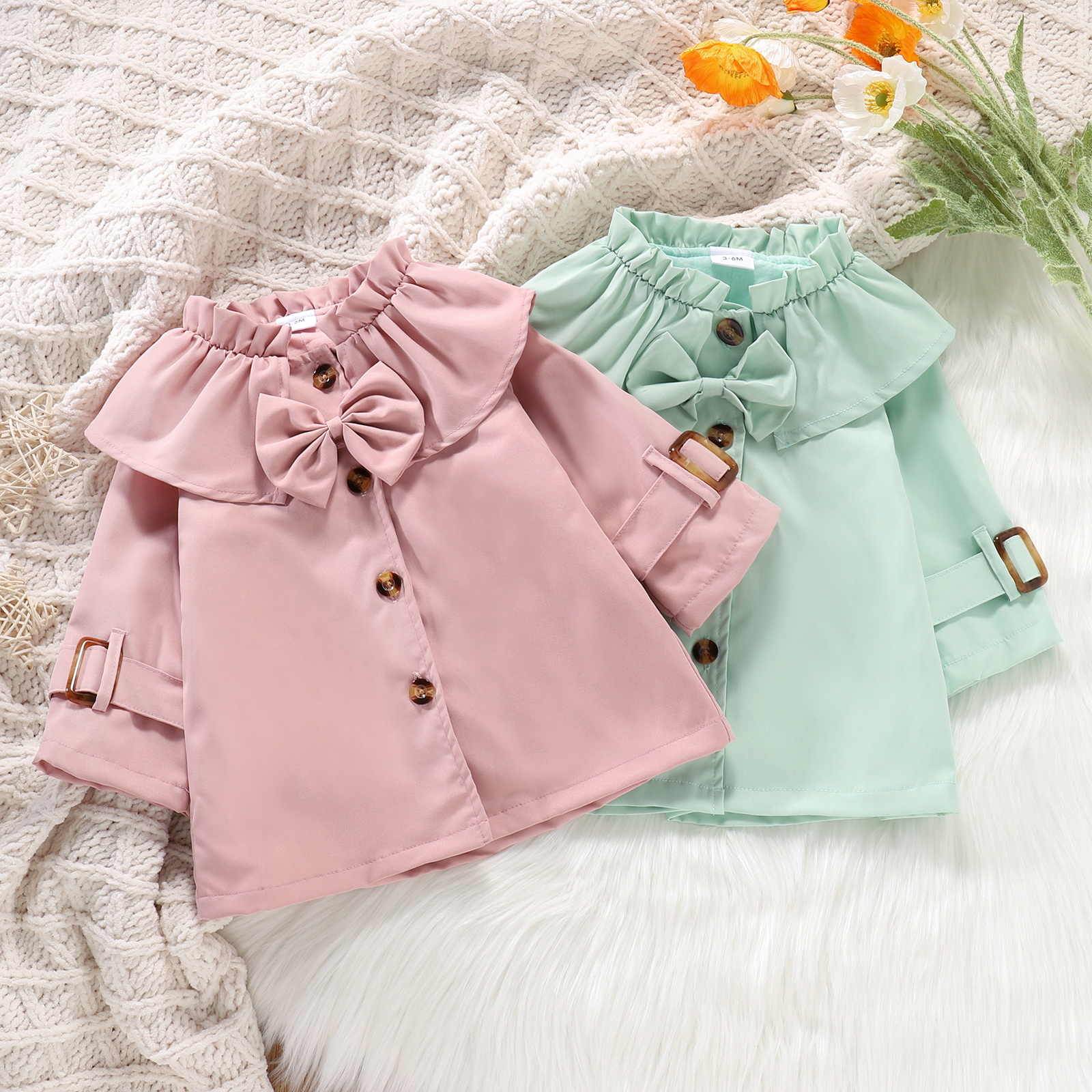 

Solid Ruffle and Bowknot Button Front Long-sleeve Baby Coat Jacket