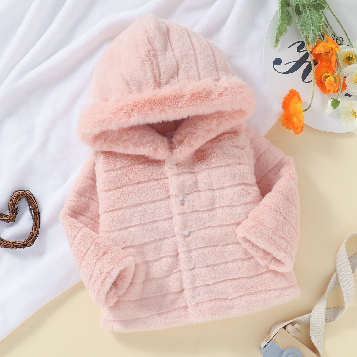 

Solid Pink Long-sleeve Plush Hooded Coat Jacket Outwear