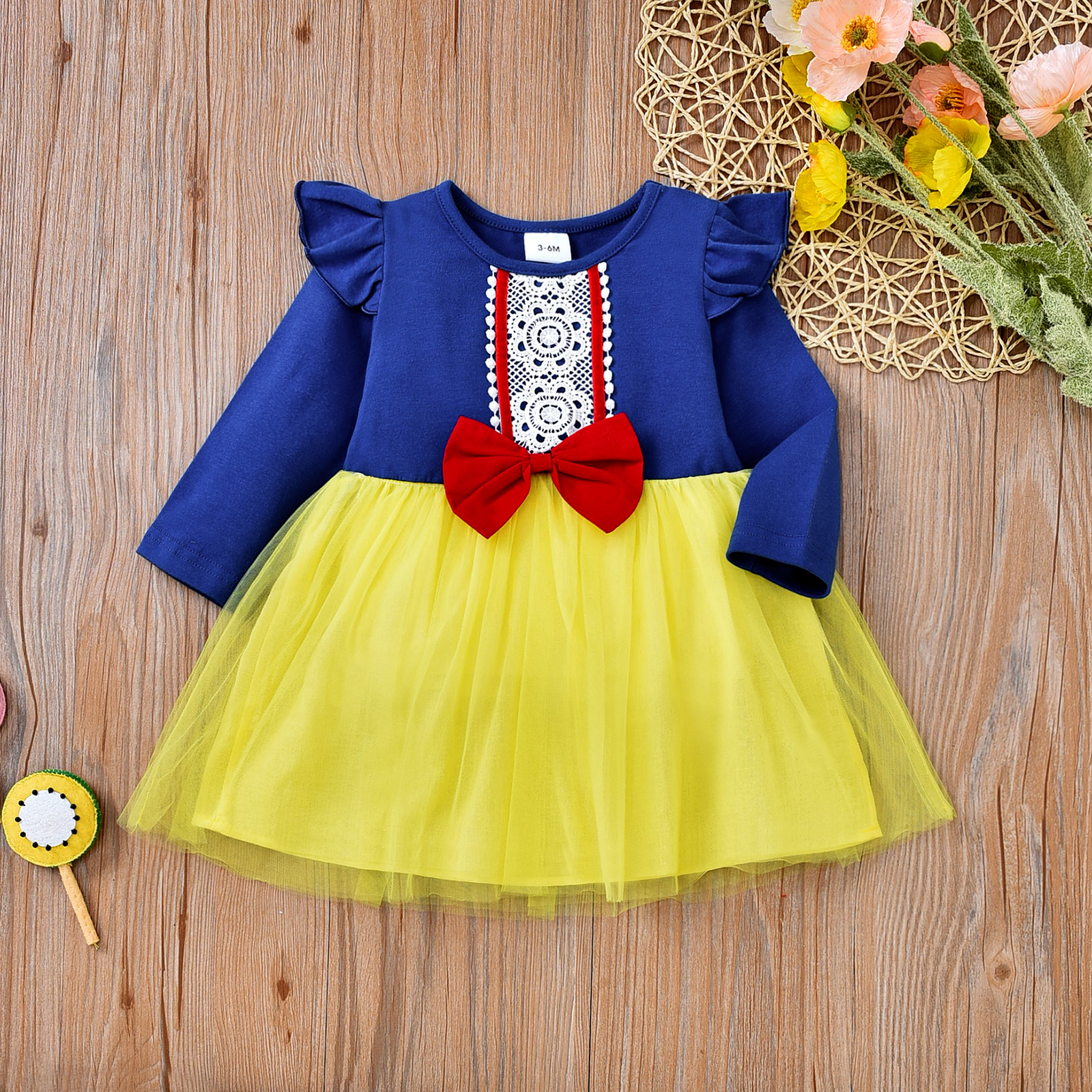 

100% Cotton Baby Ruffle Long-sleeve Splicing Mesh Party Dress