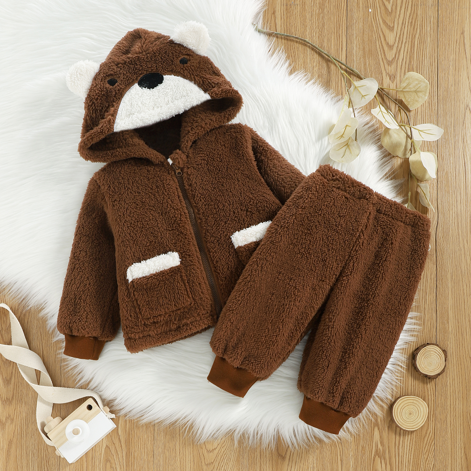 

2pcs Baby Cartoon Bear 3D Ears Brown Long-sleeve Thickened Fleece Zip Hoodie and Trousers Set