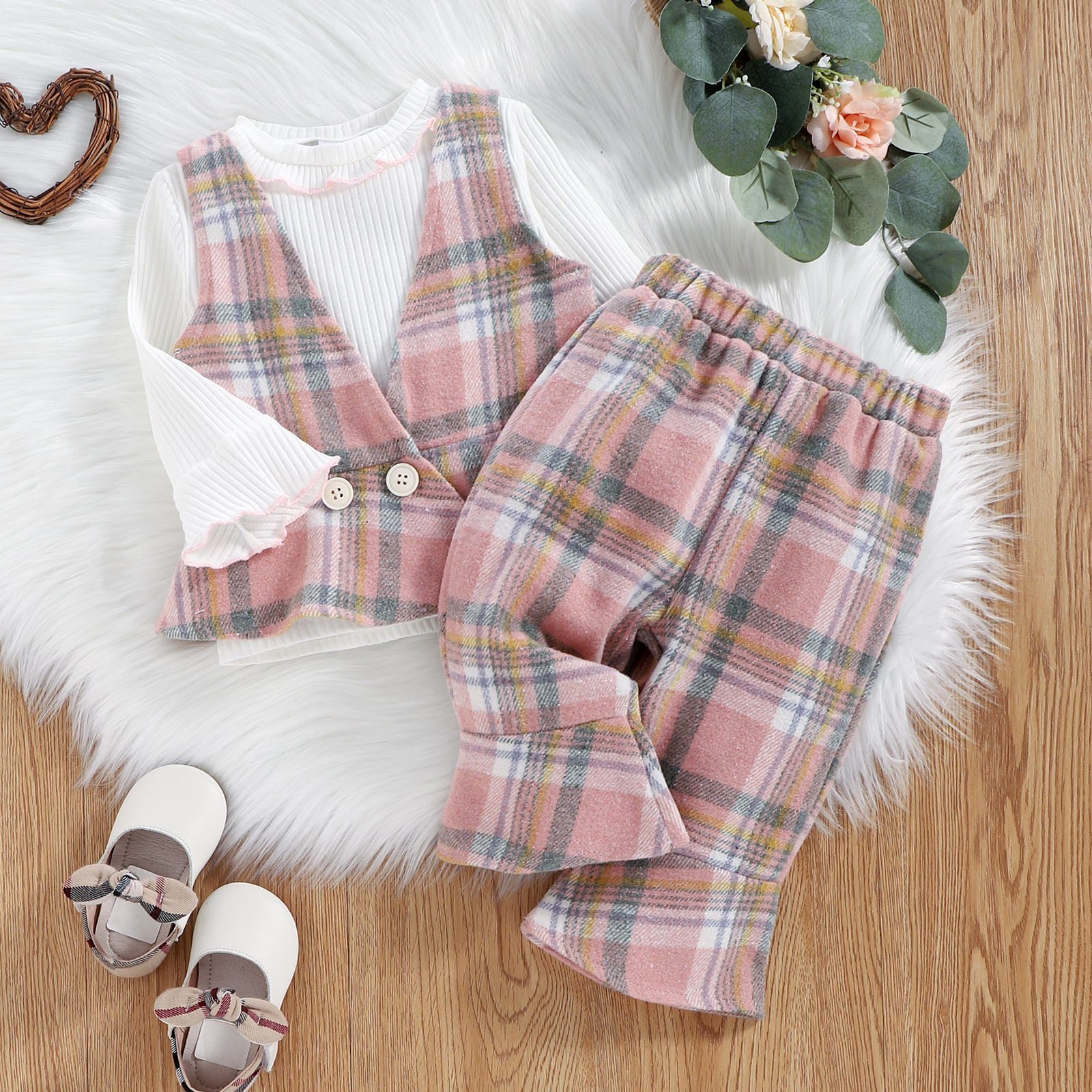 

3pcs Baby Ribbed Long-sleeve Top with Pink Plaid Set