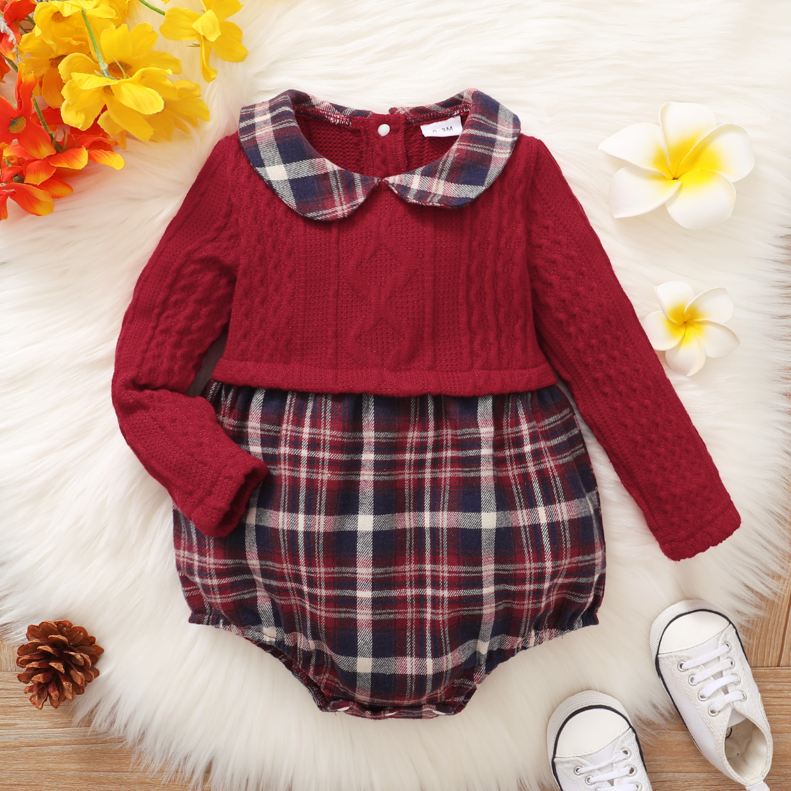

Baby Girl Doll Collar Cable Knit Plaid Faux-two Long-sleeve Romper
