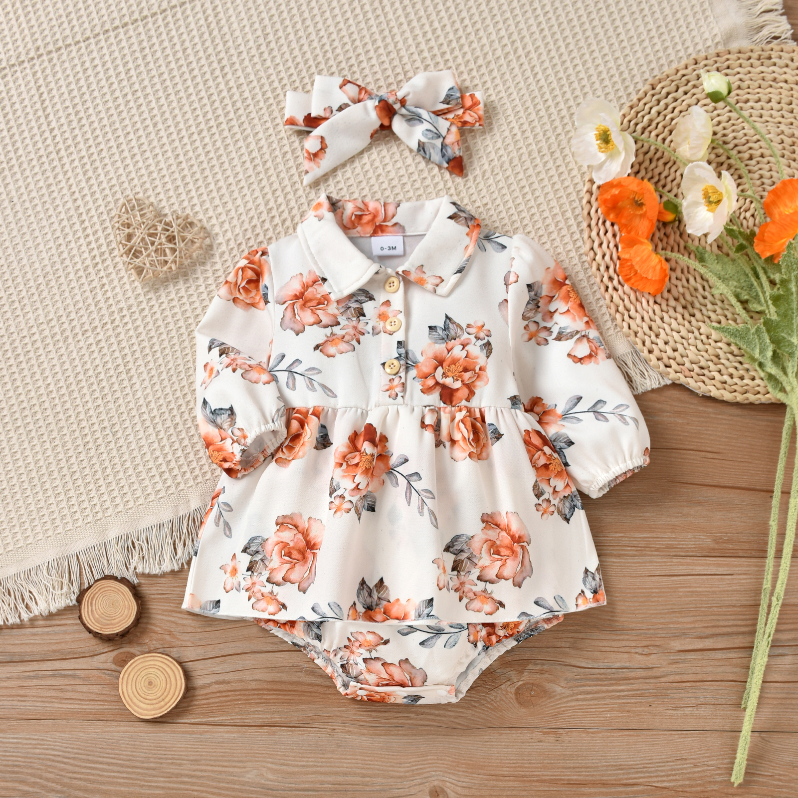 

2pcs Baby Girl All Over Floral Print Lapel Button Down Long-sleeve Romper Set