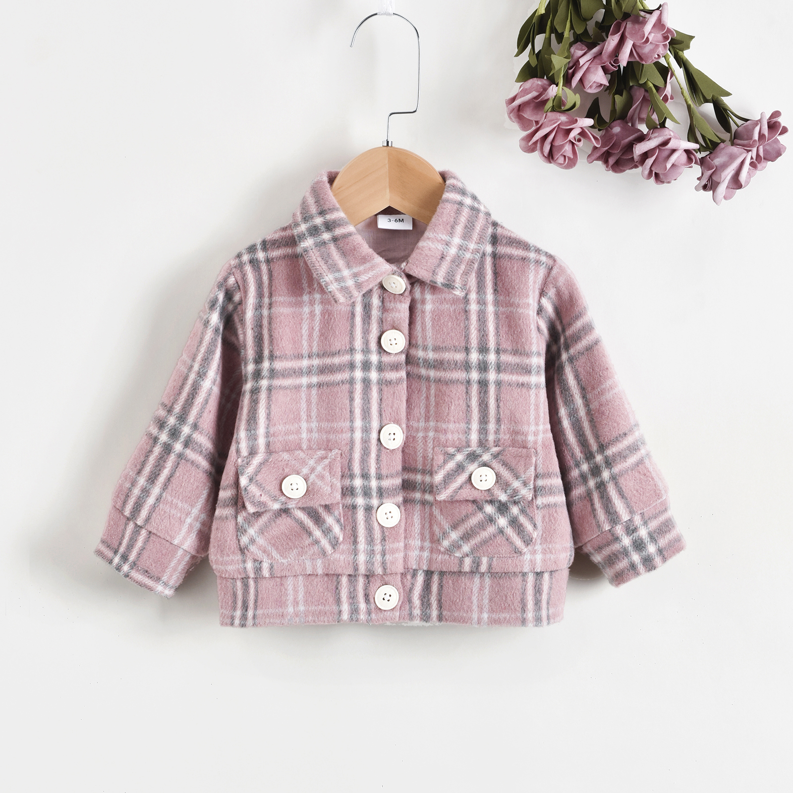 

Baby Girl Pink Plaid Lapel Button Down Long-sleeve Coat Jacket