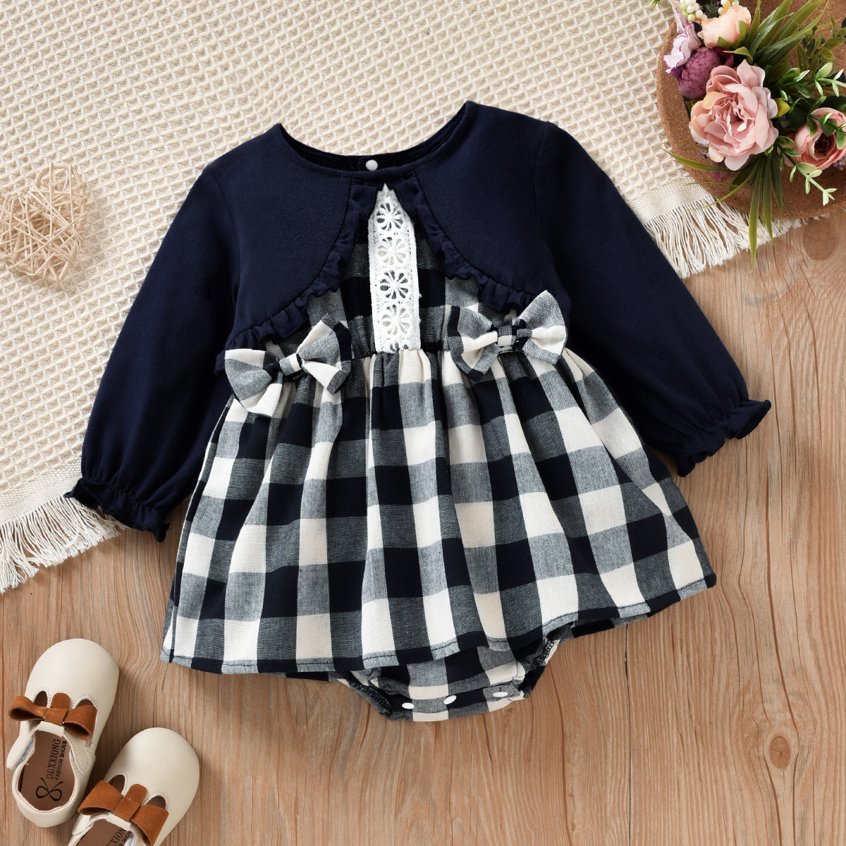 

Baby Girl Dark Blue Long-sleeve Splicing Plaid Bowknot Faux-two Romper Dress