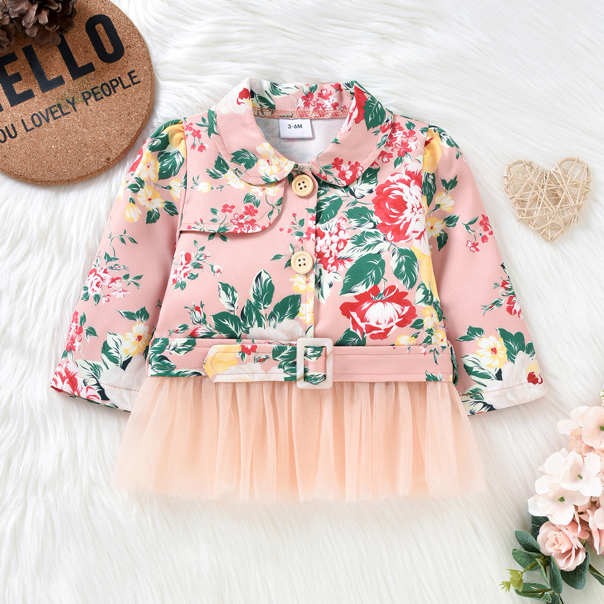 

Baby Girl Pink Floral Print Splicing Mesh Hem Long-sleeve Jacket