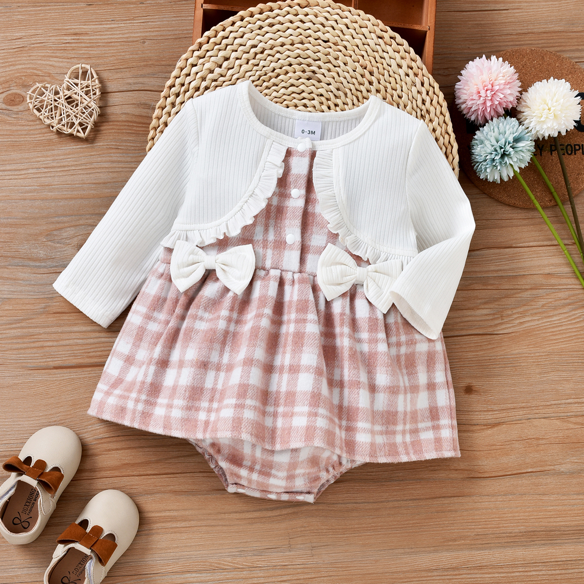

Baby Girl Ribbed Bowknot Long-sleeve Ruffle Faux-two Plaid Romper Dress