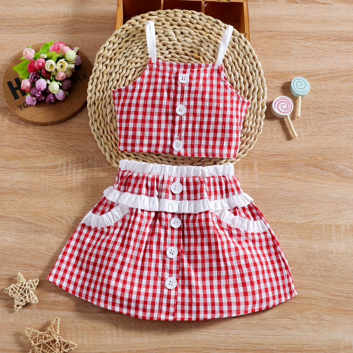 

2pcs Baby Girl Red Plaid Spaghetti Strap Crop Tank Top and Ruffle Skirt Set