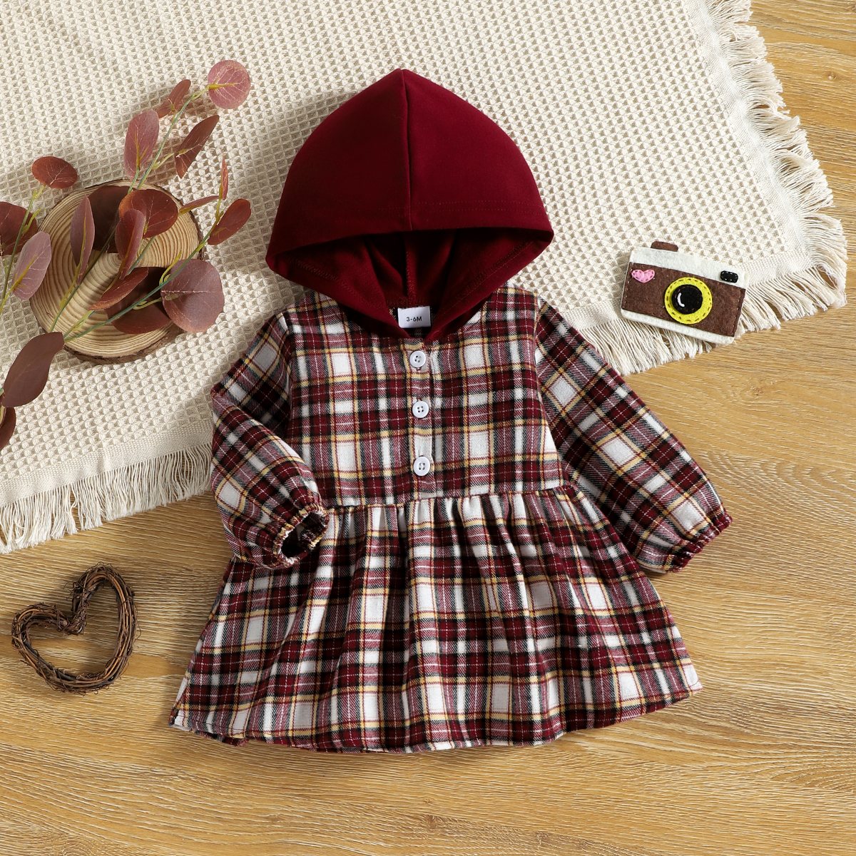 

100% Cotton Baby Girl Vintage Plaid Long-sleeve Hooded Dress