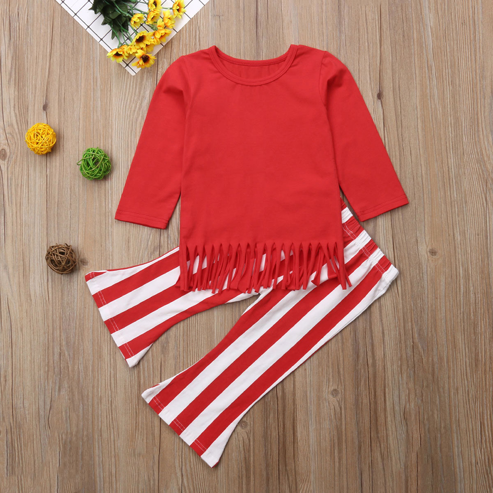 

Baby / Toddler Solid Long-sleeve Tasseled Tee and Striped Bellbottom Pants Set