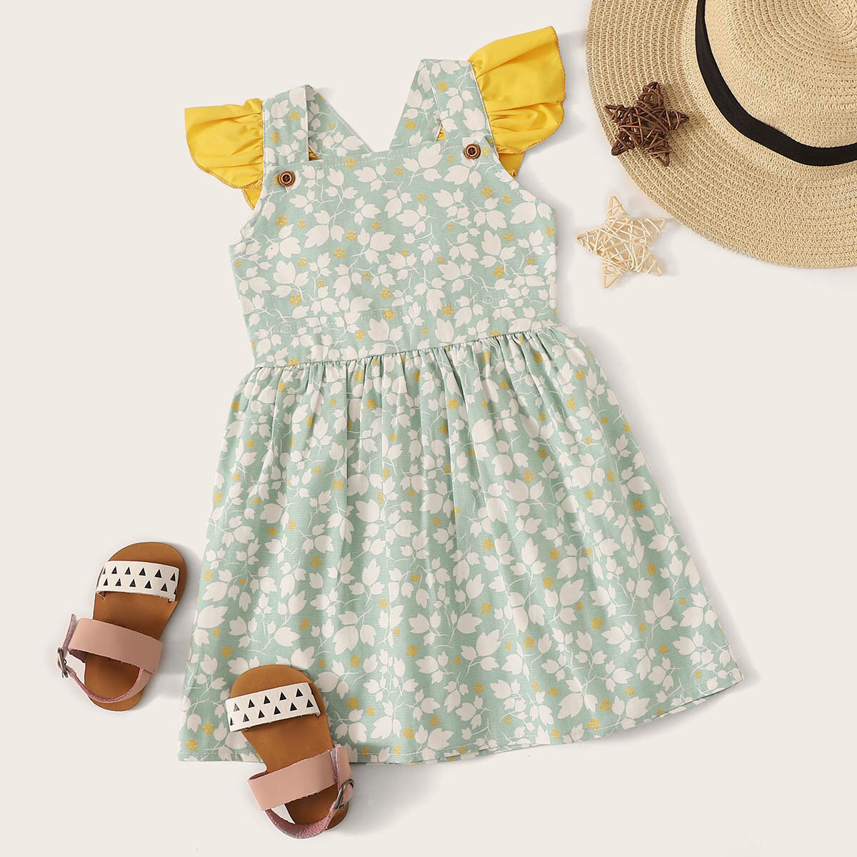 

Baby / Toddler Girl Floral Leaf Print Flutter-sleeve Backless Dress