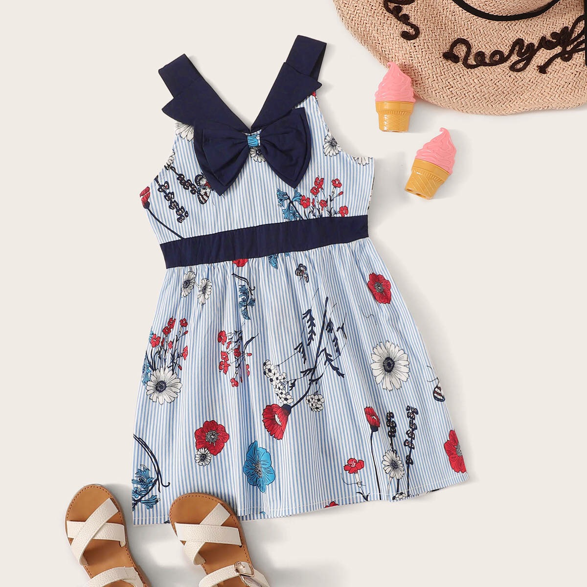 

Baby / Toddler Girl Bow Decor Floral Print Strappy Dress