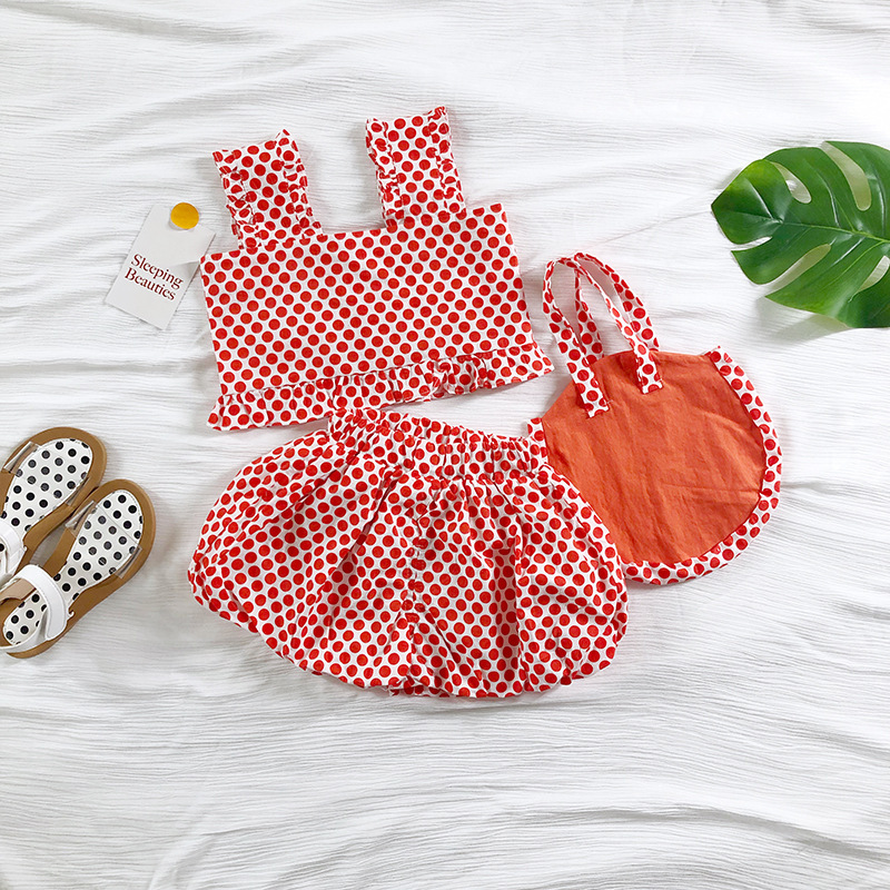 

Summer Polka dots Sweet Gallus Top and Printed shorts Set for Girl