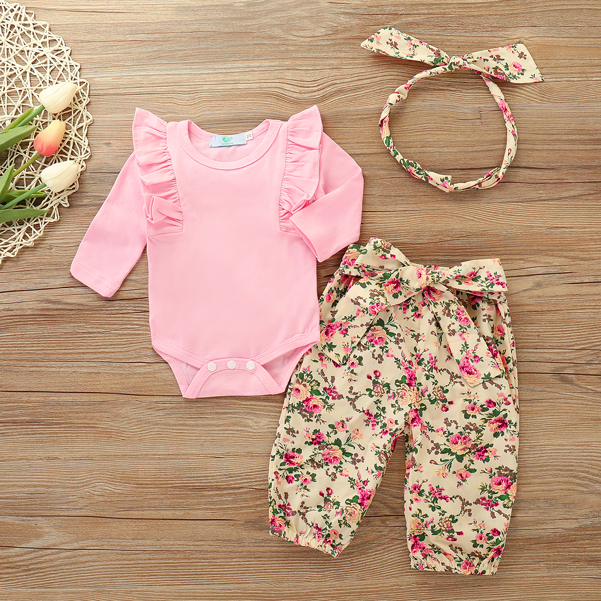 

3-piece Baby Solid Ruffled Shoulder Bodysuit and Floral Print Pants with Headband Set