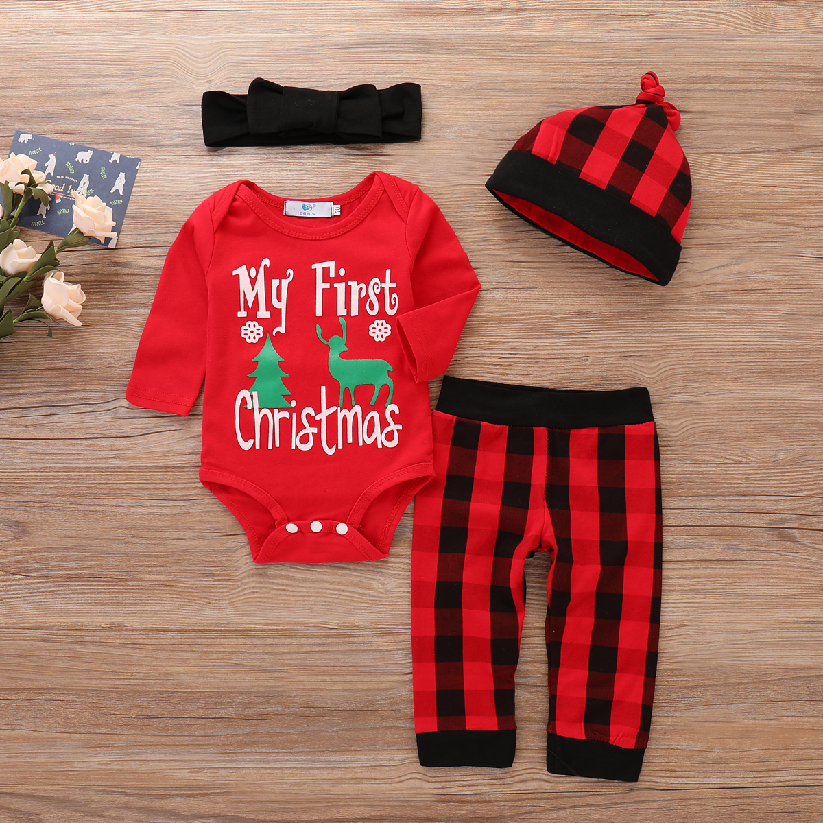 

4-piece MY FIRST CHRISTMAS Print Bodysuit, Plaid Pants and Hat with Headband Set