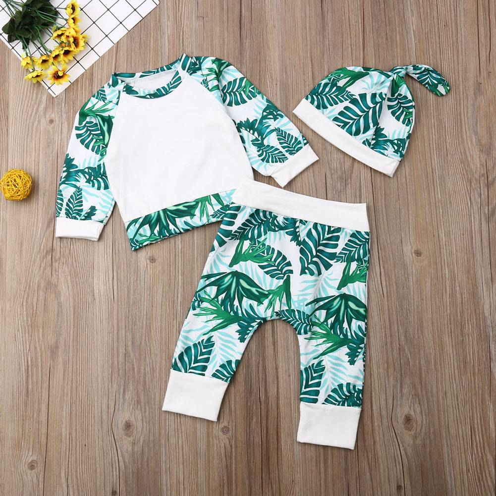 

3-piece Baby Leaf Print Long-sleeve Top and Pants with Hat Set