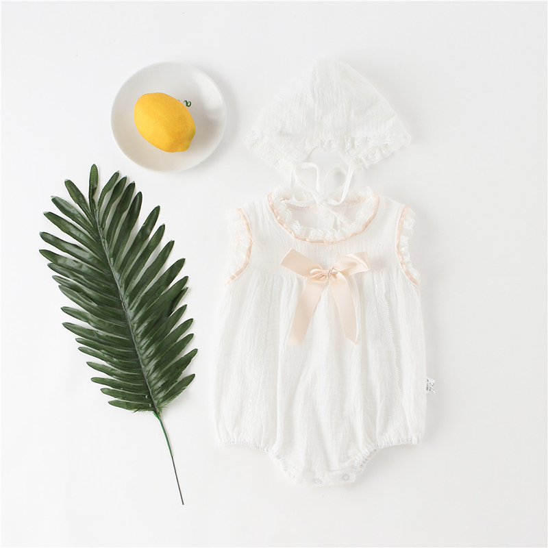 

Baby Girl Solid Lace Design Bowknot Decor Sleeveless Romper