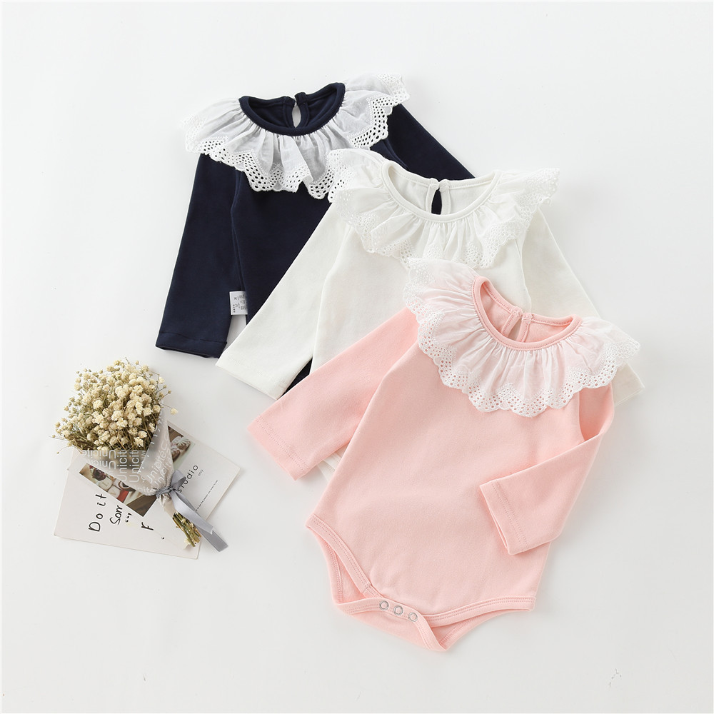 

Baby Girl Knitted Solid Style Ruffle Collar Long-sleeve Romper
